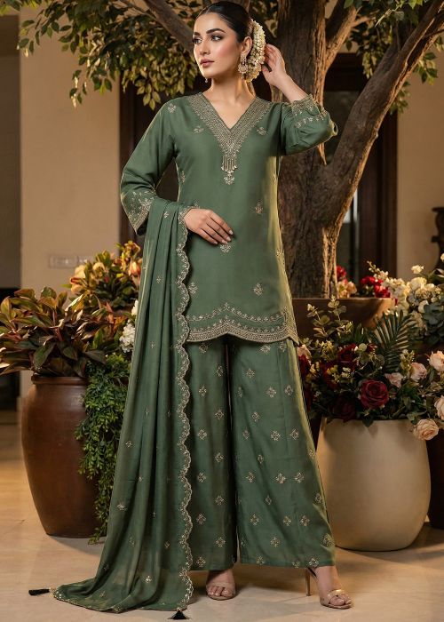 Green Art Silk Palazzo Suit With Zari Detailing