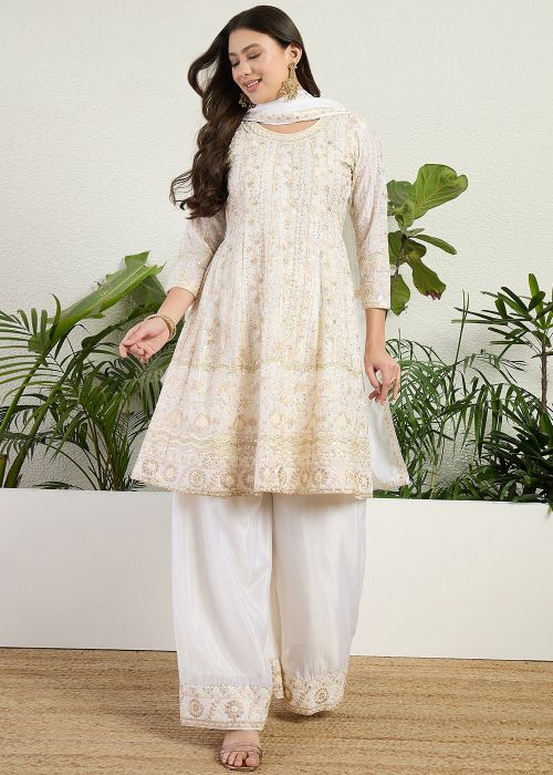 Off White Chiffon Palazzo Suit With Zari Work
