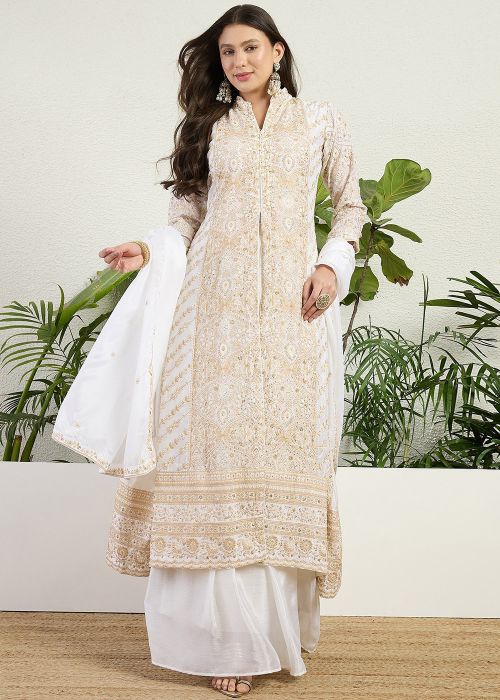 White Chiffon Slit Palazzo Suit With Thread Work