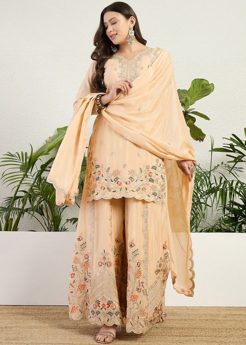 Peach Chiffon Palazzo Suit With Floral Work