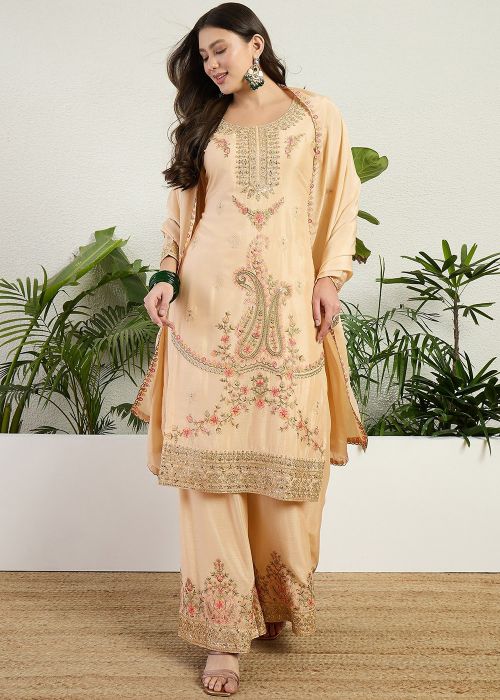 Light Peach Chiffon Palazzo Suit With Zari Work