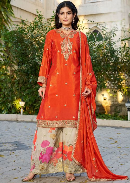 Orange Chiffon Silk Palazzo Suit With Zari Work