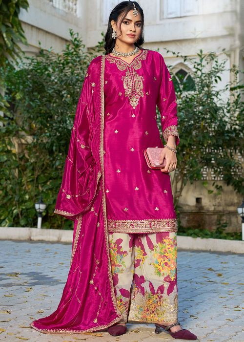 Pink Chiffon Palazzo Suit With Zari Embroidery