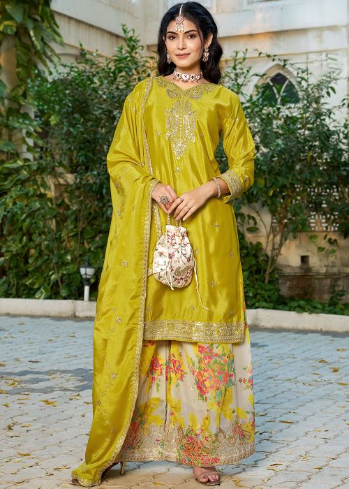 Yellow Chiffon Palazzo Suit With Embroidered Zari
