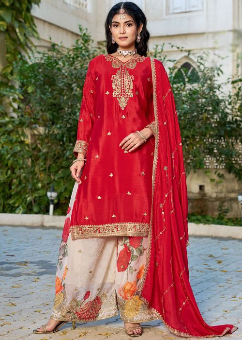 Red Chiffon Palazzo Suit With Zari Accents