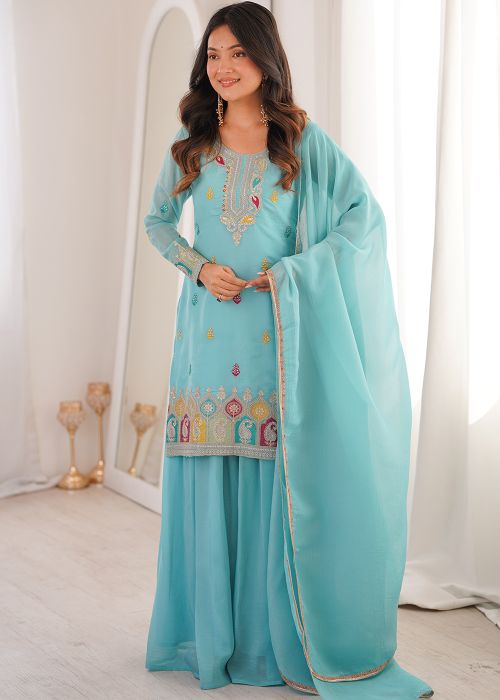 Turquoise Chiffon Sharara Suit With Dori Work