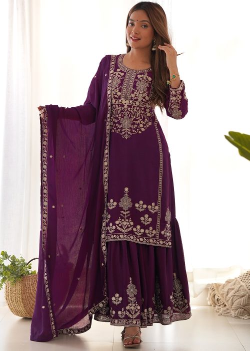 Purple Chiffon Shrarara Suit With Floral Zari