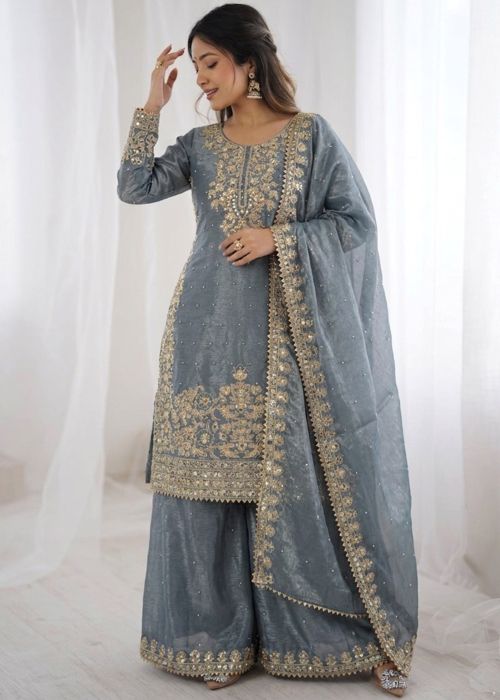 Grey Art Silk Palazzo Suit With Zari Embroidery