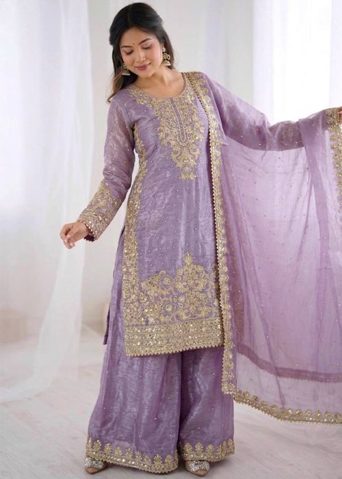 Lavender Art Silk Palazzo Suit With Zari Work