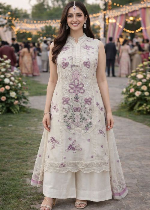 White Chiffon Palazzo Suit With Floral Embroidery