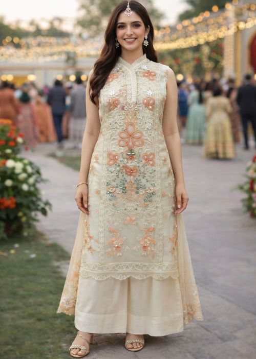 Off White Chiffon Palazzo Suit With Pastel Embroidery