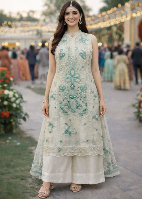 White Chiffon Palazzo Suit With Floral Thread Work