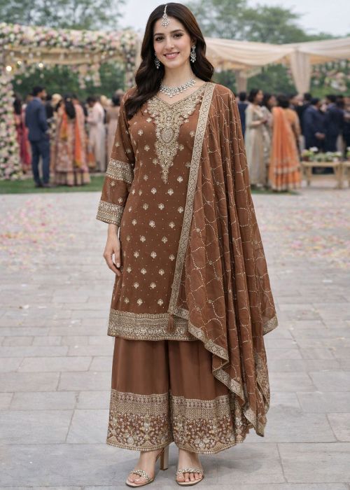 Brown Georgette Palazzo Suit With Zari Embroidery