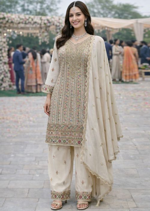 Off White Georgette Palazzo Suit With Floral Zari Work