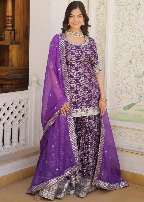 Purple Viscose Sharara Suit With Woven Zari