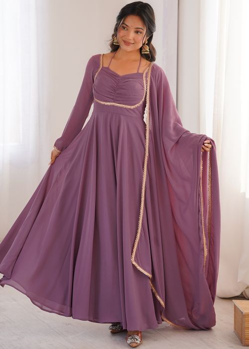 Mauve Pink Georgette Anarkali Suit With Lace Detailing