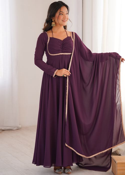 Purple Georgette Anarkali Suit With Lace Border