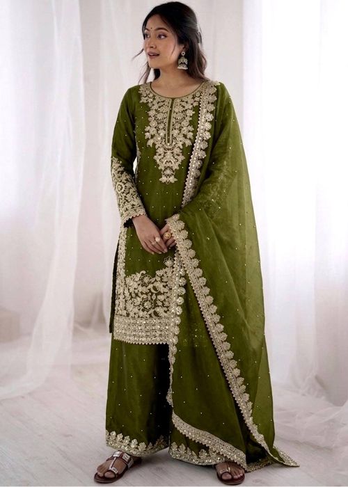 Green Art Silk Palazzo Suit With Dori Embroidery