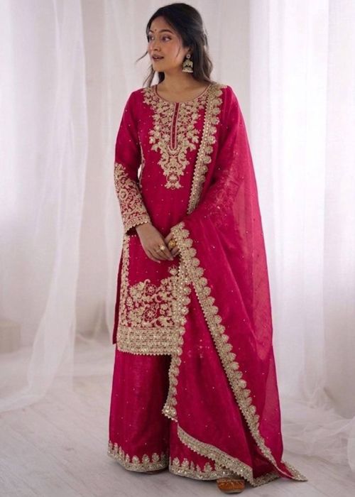 Rani Pink Art Silk Palazzo Suit With Heavy Work