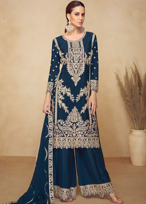 Teal Blue Chiffon Palazzo Suit With Mirror Work