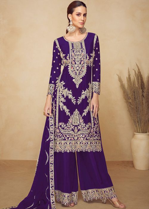 Royal Purple Chiffon Suit With Heavy Embroidery
