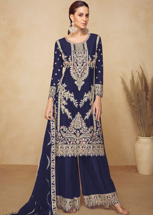 Navy Blue Chiffon Palazzo Suit With Mirror Work
