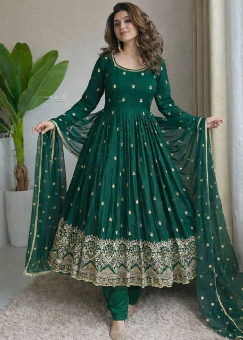 Green Chiffon Anarkali Suit With Gold Border