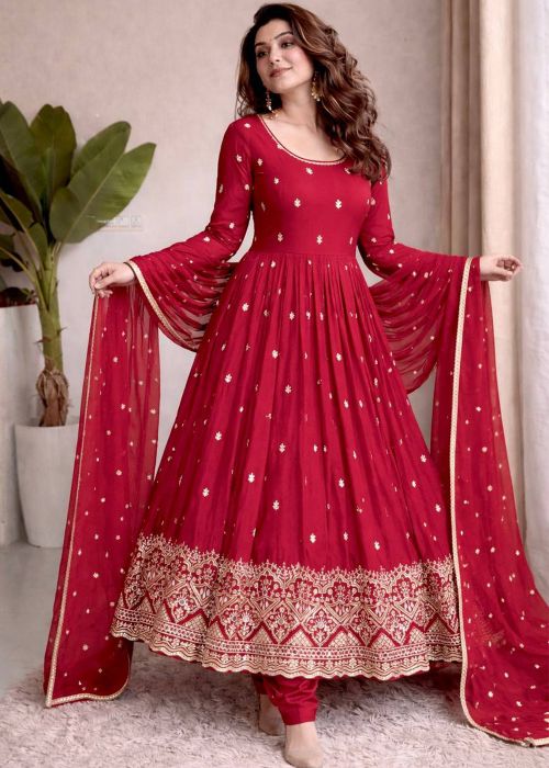 Pink Chiffon Anarkali Suit With Thread Work