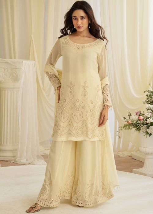 Cream Crape Palazzo Suit With Cutwork Detail