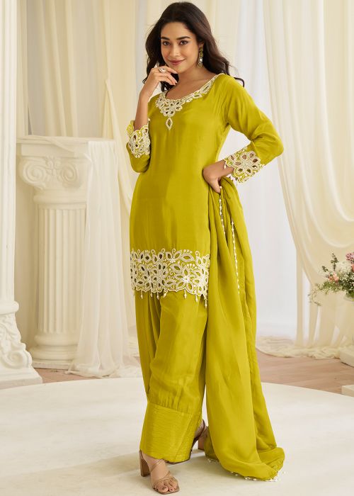 Yellow Crape Farsi Salwar Suit With Cutbeads Work