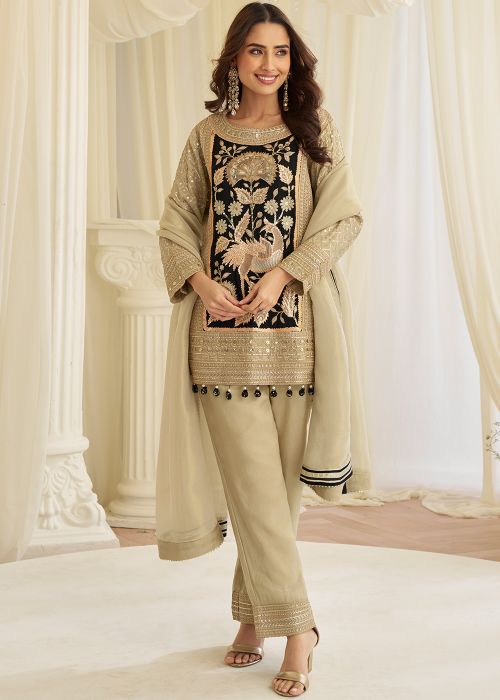 Beige Crape Pant Suit With Thread Work