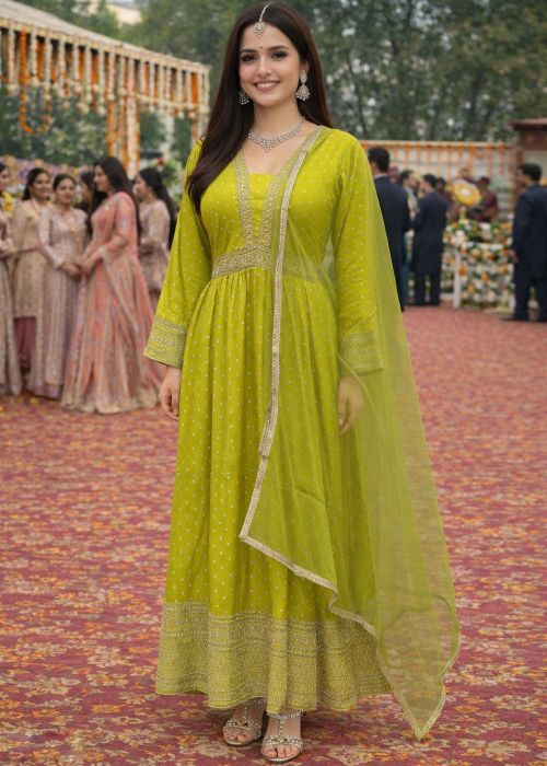 Green Viscose Anarkali Suit With Zari Work
