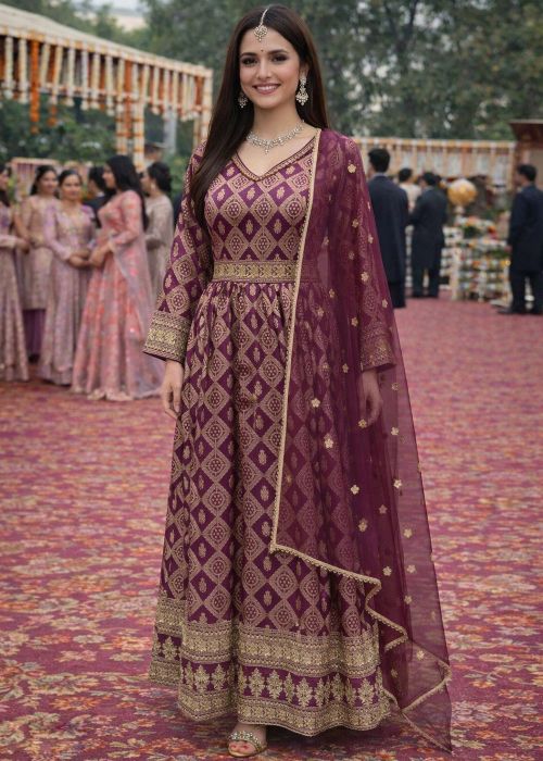 Purple Viscose Anarkali Suit With Woven Motifs