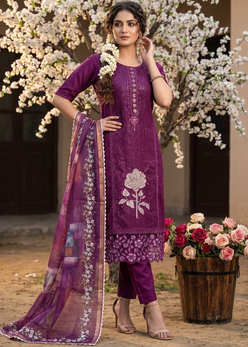 Purple Art Silk Pant Suit With Floral Dupatta