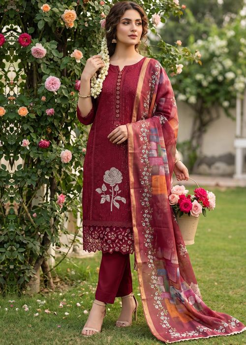 Maroon Art Silk Pant Suit With Printed Dupatta