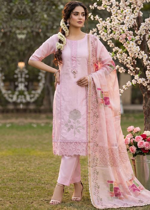 Blush Pink Art Silk Pant Suit With Floral Dupatta