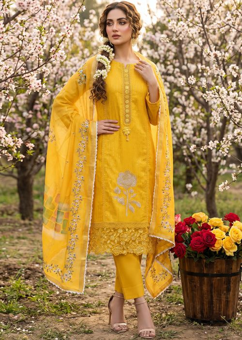 Yellow Art Silk Pant Suit With Thread Work