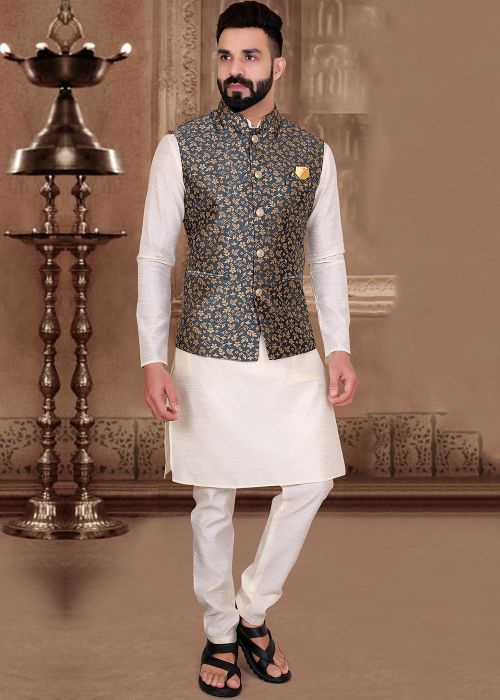 Readymade Cream Kurta & Grey Nehru Jacket