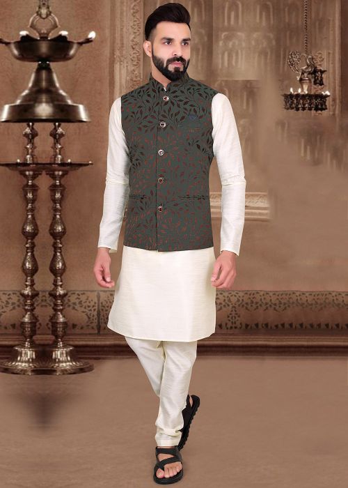 Cream Readymade Kurta With Woven Designer Nehru Jacket Online Shopping
