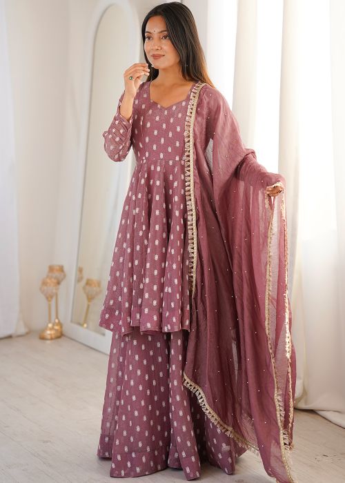 Mauve Pink Art Silk Palazzo Suit With Woven Motifs