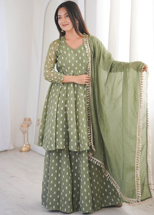 Green Art Silk Palazzo Suit With Woven Work