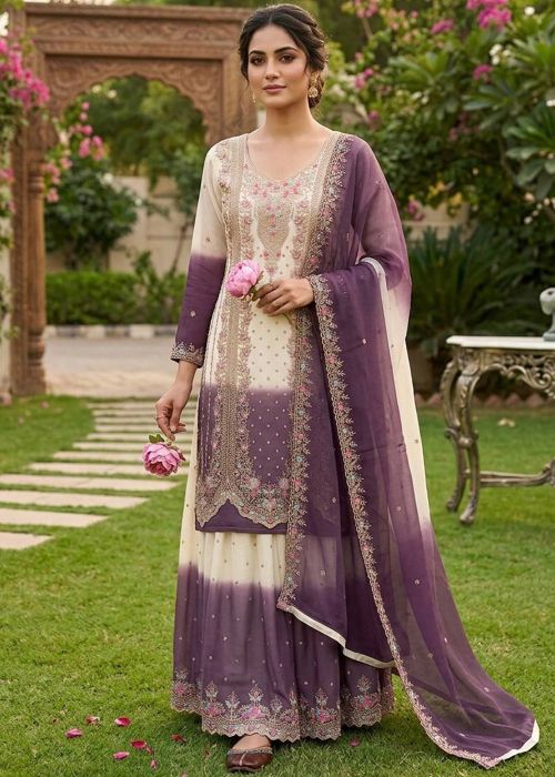 Shaded Purple White Sharara Suit With Zari Work