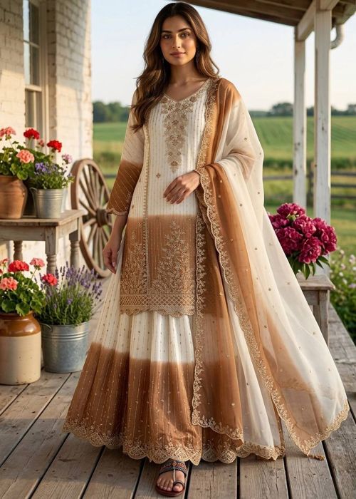 Beige White Georgette Sharara Suit With Embroidery