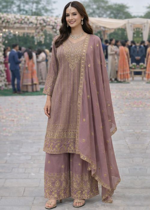 Mauve Pink Georgette Palazzo Suit With Sequins Work