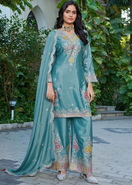 Blue Chiffon Palazzo Suit With Zari Embroidery