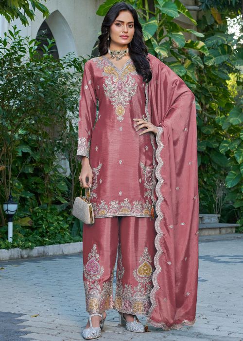 Rose Pink Chiffon Paazzo Suit With Sequins Work