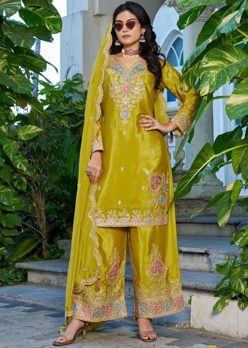 Yellow Chiffon Palazzo Suit With Thread Work