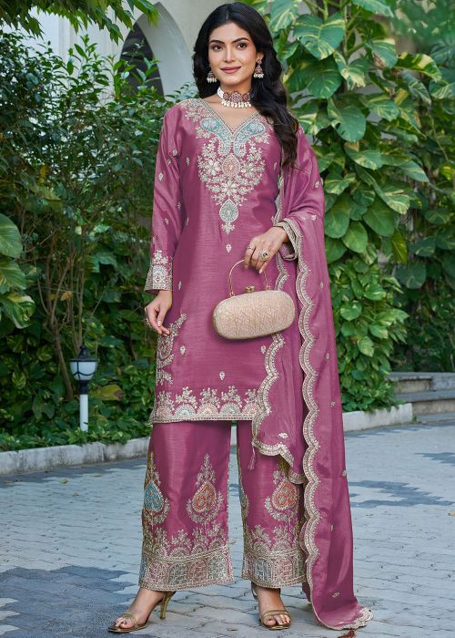 Pink Chiffon Palazzo Suit With Zari Work