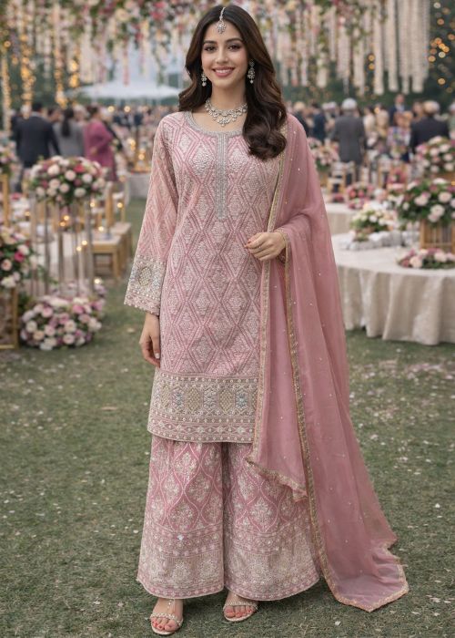 Pink Georgette Palazzo Suit With Sequins Work