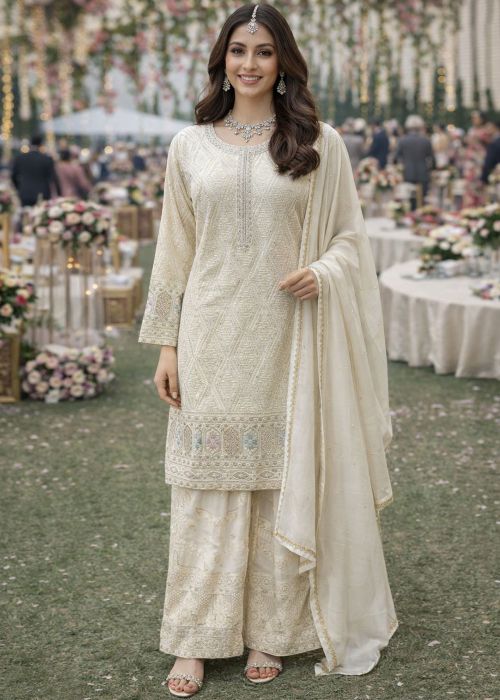 Cream Georgette Palazzo Suit With Sequins Accent